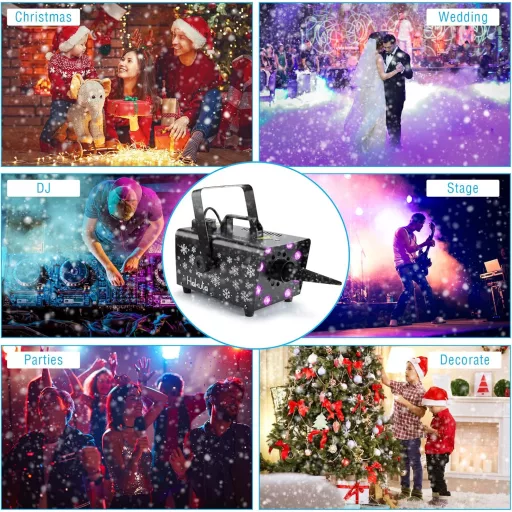 Mașină de zăpadă HAKUTA 800W cu 8 LED-uri RGB, 13 moduri de culoare și 2 telecomenzi - Pentru nunți, petreceri, Halloween, Crăciun, Spectacole pe scenă