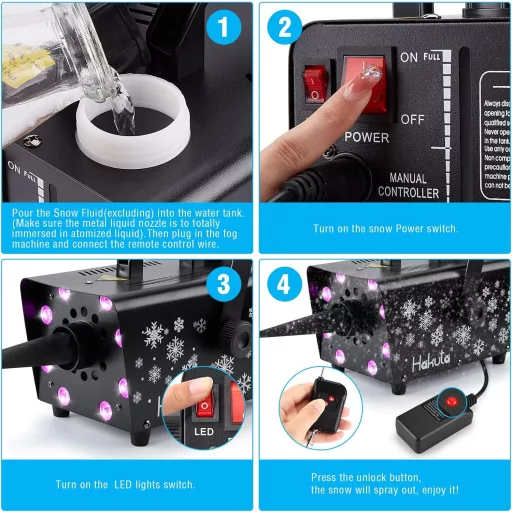 Mașină de zăpadă HAKUTA 800W cu 8 LED-uri RGB, 13 moduri de culoare și 2 telecomenzi - Pentru nunți, petreceri, Halloween, Crăciun, Spectacole pe scenă