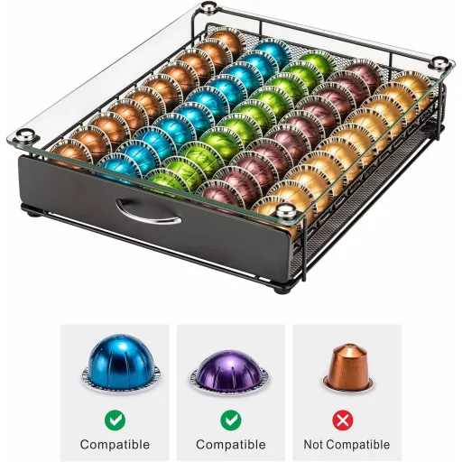 Rice rat Nespresso Vertuo kapszulatartó fiók üvegajtóval, 50 kapszulás polc