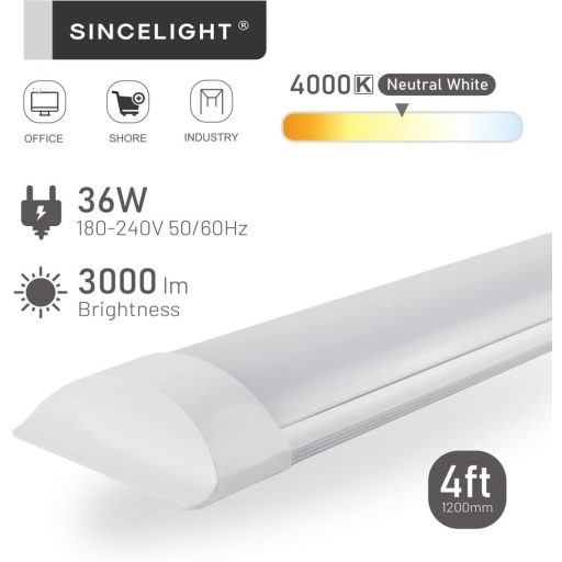 SINCELIGHT 36W LED Lámpa 120cm Semleges Fehér 4000K Konyha Fürdőszoba Garázs Irodai Világítás
