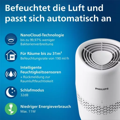 Zvlhčovač vzduchu Philips Humidifier 2000 Series, s o 99,97 % menej baktérií, 2 l nádrž, pre miestnosti do 31 m², ultra tichý 32 dB, automatické vypnutie