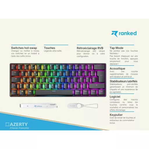 Ranked N60 Nova 60% Mehanička Gaming Tipkovnica, Hot-swap Prekidači, 62 Programabilne Tipke, RGB Pozadinsko Osvjetljenje, PC/Mac Kompatibilna, AZER