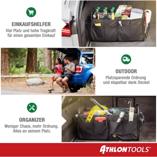 ATHLON TOOLS Premium Csizmatáska Fedéllel 60L XXL Szervezőtáska Vízálló Erős - Black / Red Decorative Stitching