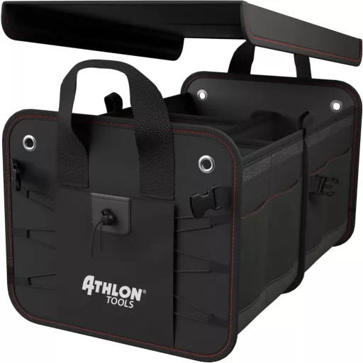 ATHLON TOOLS Premium Csizmatáska Fedéllel 60L XXL Szervezőtáska Vízálló Erős - Black / Red Decorative Stitching