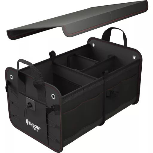ATHLON TOOLS Premium Csizmatáska Fedéllel 60L XXL Szervezőtáska Vízálló Erős - Black / Red Decorative Stitching