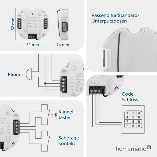 Interfață Wiegand Homematic IP - Conector de blocare cu cod integrabil în sistemele Smart Home, Gri, 12V, eQ-3 AG HmIP-FWI