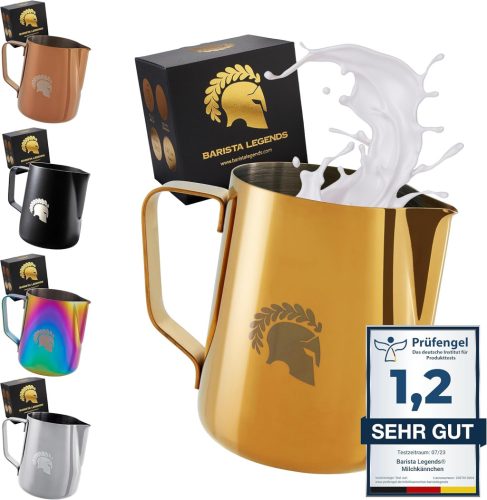 Barista Legends Rozsdamentes Acél Tejkiöntő 350ml Különleges Latte Art Kiöntőcsőrrel - Arany Színű Barista Kancsó Kávérajzoláshoz