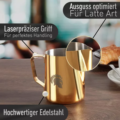 Barista Legends Rozsdamentes Acél Tejkiöntő 350ml Különleges Latte Art Kiöntőcsőrrel - Arany Színű Barista Kancsó Kávérajzoláshoz