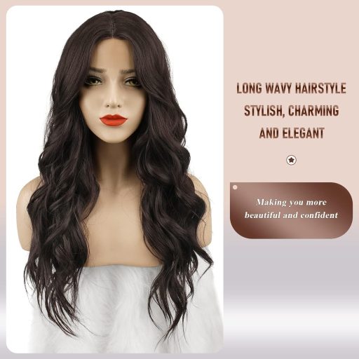 FESHFEN hosszú hullámos paróka középbarna csipke elöl középválasztással 65cm