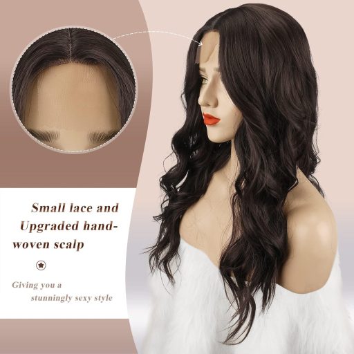 FESHFEN dlhá vlnitá parochňa, stredne hnedá, čipka vpredu, cestička v strede, 65 cm