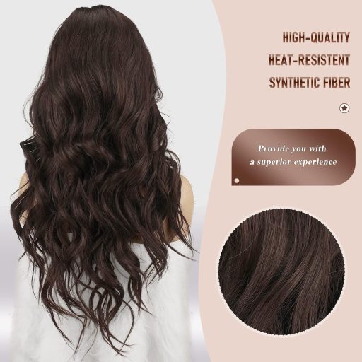 FESHFEN dlhá vlnitá parochňa, stredne hnedá, čipka vpredu, cestička v strede, 65 cm