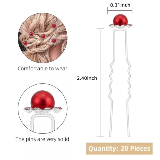 ZOUIQSS Set ukosnica za kosu s biserima i cvijećem - 20 komada crvenih ukosnica sa štrasom za vjenčanu frizuru - s prozirnom kutijom za pohranu