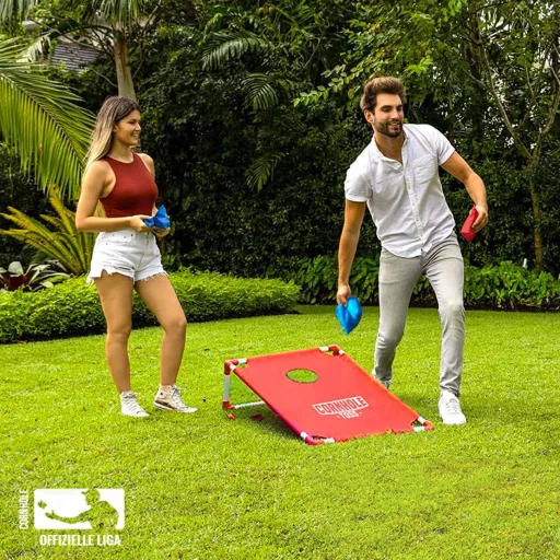 Set original Cup Cornhole - Joc american de îndemânare de dimensiuni oficiale - Cadru PVC portabil, 8 saci de aruncare, cu geantă - Pentru grădină, plajă