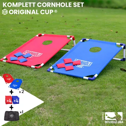 Set original Cup Cornhole - Joc american de îndemânare de dimensiuni oficiale - Cadru PVC portabil, 8 saci de aruncare, cu geantă - Pentru grădină, plajă