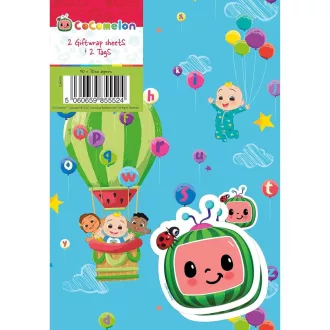   Set hârtie de împachetat pentru copii Danilo Promotions CoComelon - 6 coli colorate și 6 etichete, 70x50 cm, împachetare cadou aniversară, produs oficial