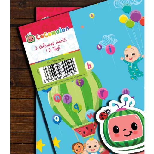 Set hârtie de împachetat pentru copii Danilo Promotions CoComelon - 6 coli colorate și 6 etichete, 70x50 cm, împachetare cadou aniversară, produs oficial