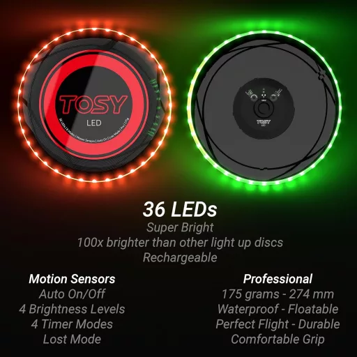 Frisbee luminos TOSY cu 108 LED-uri RGB, moduri inteligente, rezistent la apă, reîncărcabil