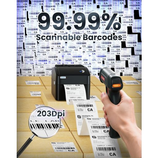 Imprimantă Bluetooth pentru Etichete vretti, 101*152 cm, Termică - Suport XXL pentru Hârtie, Siguranță Scanare 99,99%, Durată de Viață de 3X Mai Lungă, Fără Cartuș de Cerneală