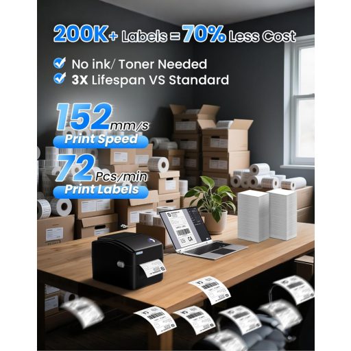 Imprimantă Bluetooth pentru Etichete vretti, 101*152 cm, Termică - Suport XXL pentru Hârtie, Siguranță Scanare 99,99%, Durată de Viață de 3X Mai Lungă, Fără Cartuș de Cerneală