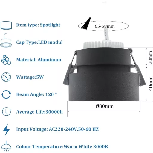 KYOTECH Indirekt Mennyezeti Spotlámpa LED 5W Meleg Fehér 3000K 400LM Fekete