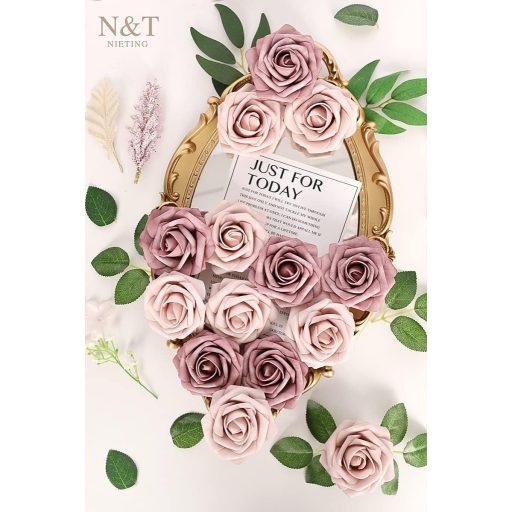 N&T NIETING Művirág Rózsák 25 db Száras Habrózsával - Taupe & Nude Színben Esküvői Dekorációhoz, Asztaldíszhez, Otthoni Díszítéshez