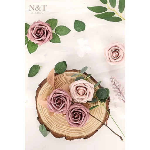 N&T NIETING Trandafiri artificiali, 25 buc., cu trandafiri de spumă cu tulpină - Taupe & Nude, pentru decorațiuni de nuntă, aranjamente de masă, decorarea casei