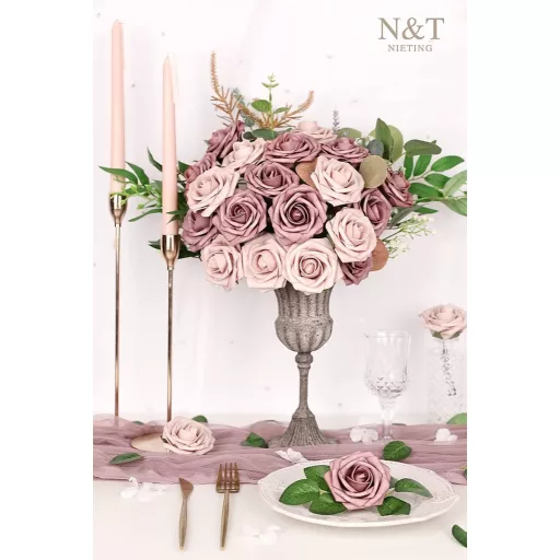 N&T NIETING Trandafiri artificiali, 25 buc., cu trandafiri de spumă cu tulpină - Taupe & Nude, pentru decorațiuni de nuntă, aranjamente de masă, decorarea casei