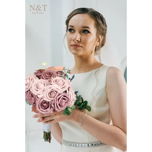 N&T NIETING Trandafiri artificiali, 25 buc., cu trandafiri de spumă cu tulpină - Taupe & Nude, pentru decorațiuni de nuntă, aranjamente de masă, decorarea casei