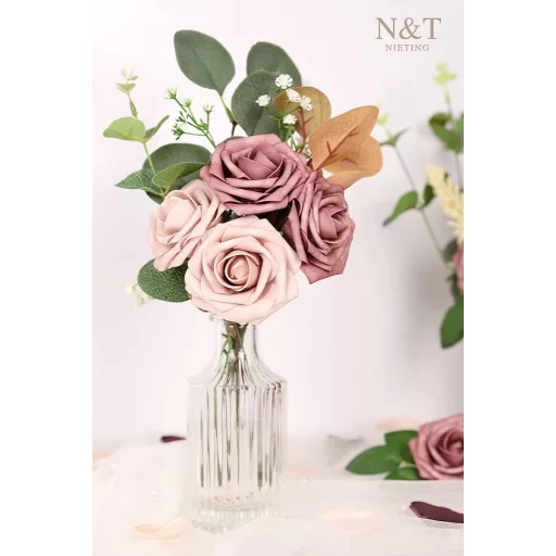 N&T NIETING Trandafiri artificiali, 25 buc., cu trandafiri de spumă cu tulpină - Taupe & Nude, pentru decorațiuni de nuntă, aranjamente de masă, decorarea casei
