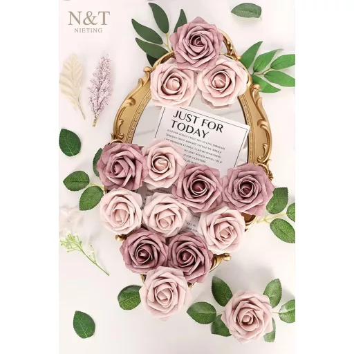 N&T NIETING Trandafiri artificiali, 25 buc., cu trandafiri de spumă cu tulpină - Taupe & Nude, pentru decorațiuni de nuntă, aranjamente de masă, decorarea casei