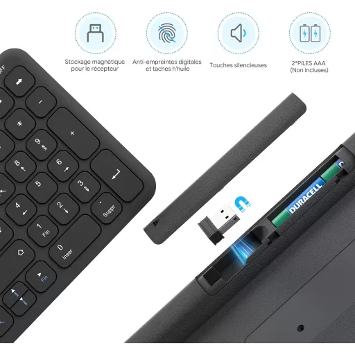 OMOTON Wireless 2.4GHz AZERTY Billentyűzet Numerikus Billentyűzettel PC Windows Számítógéphez Csendes Fekete
