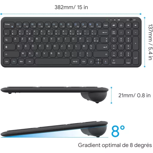 OMOTON Wireless 2.4GHz AZERTY Billentyűzet Numerikus Billentyűzettel PC Windows Számítógéphez Csendes Fekete
