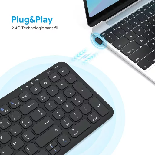 OMOTON Wireless 2.4GHz AZERTY Billentyűzet Numerikus Billentyűzettel PC Windows Számítógéphez Csendes Fekete