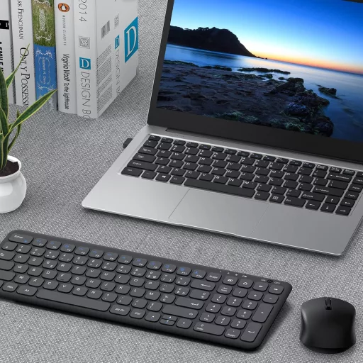 OMOTON Wireless 2.4GHz AZERTY Billentyűzet Numerikus Billentyűzettel PC Windows Számítógéphez Csendes Fekete