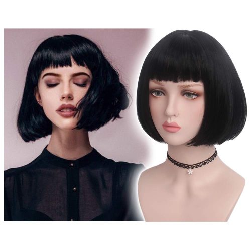 Perucă neagră Reewes Bob - Perucă scurtă dreaptă pentru femei cu breton, păr sintetic rezistent la căldură, pentru utilizare zilnică, cosplay, costum de carnaval