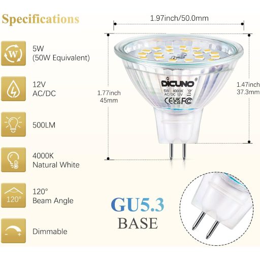 DiCUNO GU5.3 LED Izzó 5W - Dimmelhető MR16 Spotlámpa, Természetes Fehér 4000K, 500LM, 50W Halogén Helyettesítő, 120° Szórási Szög, Beltéri S