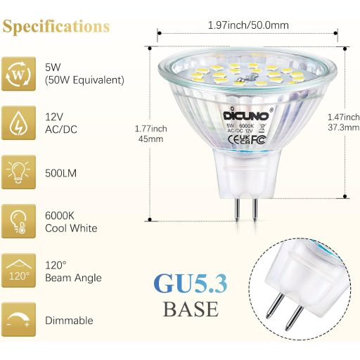 Bec LED GU5.3 DiCUNO, Spoturi MR16 Dimmabile, 5W (Echivalent 50W Halogen), 6000K Alb Rece, 500LM, Unghi Fascicul 120°, Economic,