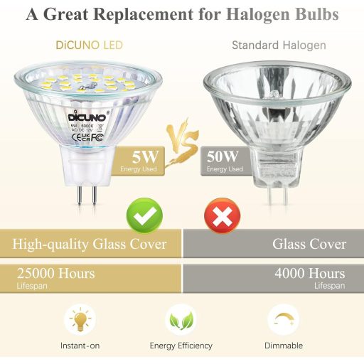 DiCUNO GU5.3 LED Izzó, Dimmelhető MR16 Spotlámpak, 5W (50W Halogén Helyett), 6000K Hideg Fehér, 500LM, 120° Szórási Szög, Energiatakarékos,