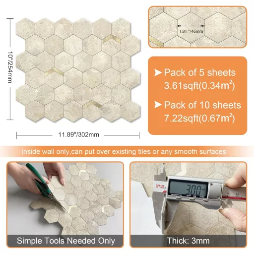 VAOVI Hatszög Mozaik Csempe Mattkivitelben, Öntapadós Falmatrica, 3D Kőhatás, Vízálló, Konyha és Fürdőszoba (10 db, Rozsdabarna)