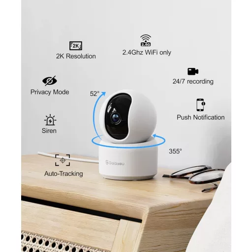 GALAYOU 2K WiFi beltéri biztonsági kamera, 360°-os, kétirányú hanggal, Alexa és Google Home kompatibilis