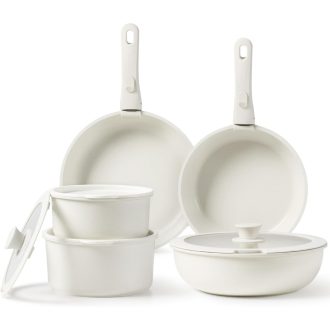   CAROTE 11 részes edénykészlet levehető fogantyúkkal, tapadásmentes bevonattal, indukciós főzőlapra, sütőbe - fehér alumínium serpenyők és fa