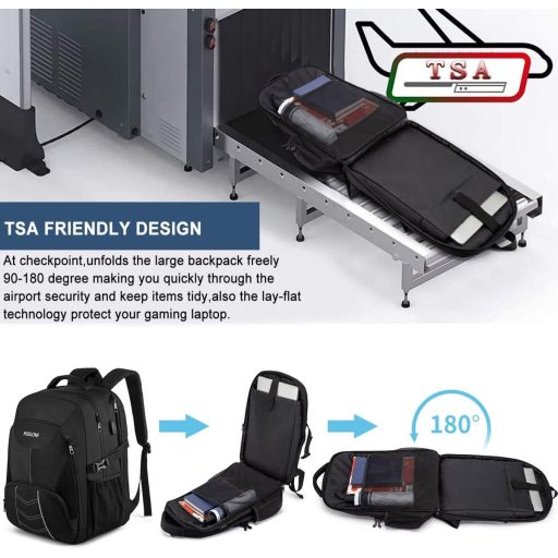 PUSLOM 55L Extra Nagy Hátizsák 18,4" Laptophoz - Vízálló, USB Töltőporttal, Lopásgátlós, Utazáshoz, Iskolába - Fekete