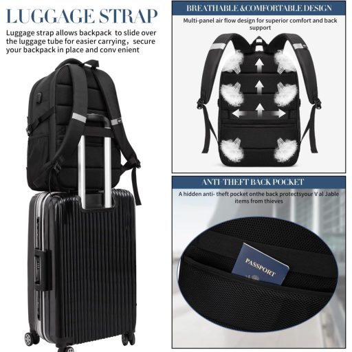 PUSLOM 55L Extra Nagy Hátizsák 18,4" Laptophoz - Vízálló, USB Töltőporttal, Lopásgátlós, Utazáshoz, Iskolába - Fekete