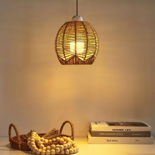 Angoily 3 darabos fonott lámpaernyő rattan függőlámpa vintage 14x15 cm