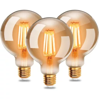   Bec LED Vintage EXTRASTAR Edison cu soclu E27, 4W (echivalent cu 40W), G95, diametru 95mm, lumină albă caldă 2200K, sticlă chihlimbar, set de 3 bucăți