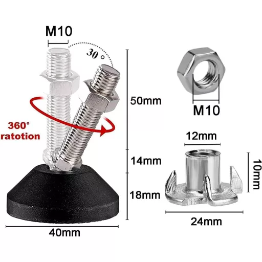 DQZE Állítható Bútorlábak 4 db M10 x 50 mm Gumitalppal, 450 kg Teherbírás, 30° Dőlésszög Állítás Asztal Szék Lábakhoz