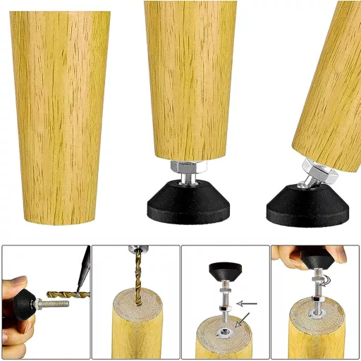 DQZE Picioare reglabile pentru mobilă, 4 buc, M10 x 50 mm, cu talpă de cauciuc, capacitate portantă 450 kg, reglare unghi de înclinare 30°, pentru picioare de masă și scaun.