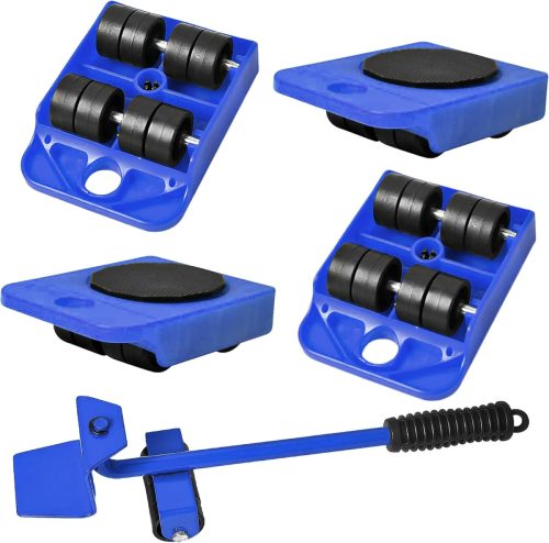 Set de mutare mobilă cu role, 5 piese - 4 role + 1 levier, sarcină maximă 150 kg, pentru mutări, deplasarea mobilei și a electrocasnicelor