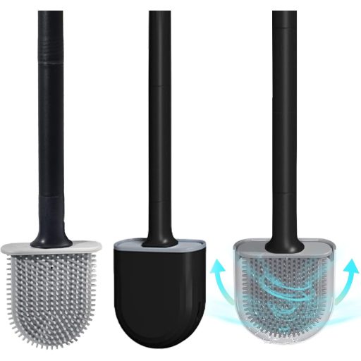 DENTSHIELD Fekete Szilikon WC Kefe Szivárgásmentes Tartóval - Gyorsan Száradó, Hordozható Fürdőszobai Kefe Hosszú Ergonomikus Fogantyúval
