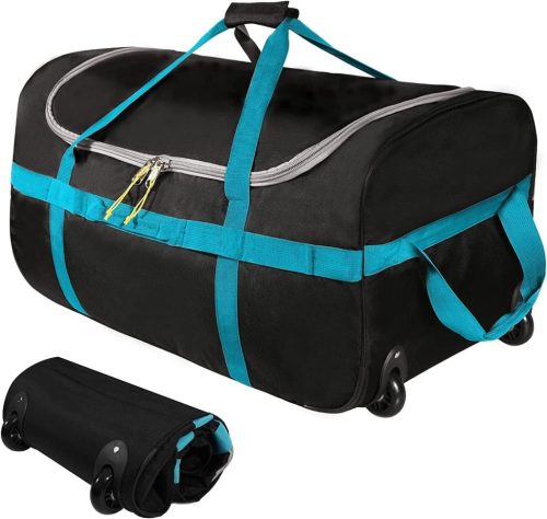 Geantă de voiaj pliabilă cu roți campMax - 85L, Neagră, Impermeabilă, Geantă sport, Alternativă mare la valiză cu rotile